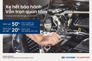 XE HẾT BẢO HÀNH – VẪN TRỌN QUAN TÂM Nhằm chào mừng 49 năm, ngày giải phóng TP Đà Nẵng 24/3, Hyundai Sông Hàn thực hiện chương trình khuyến mãi đặc biệt dành cho xe hết hạn bảo hành chính hãng như sau: -------------------  MIỄN PHÍ: Kiểm tra xe bằng thiết bị GDS Mobile  GIẢM GIÁ: - Giảm giá 50% dịch vụ kiểm tra trước khi đăng kiểm. - Giảm giá 20% nhân công bảo dưỡng định kỳ, sửa chữa chung. - Giảm giá 10% phụ tùng bảo dưỡng và dầu nhớt. - Giảm giá 15% phụ kiện, dịch vụ chăm sóc làm đẹp xe. - Giảm giá 10% dán phim cách nhiệt chính hãng.  QUÀ TẶNG - Tặng voucher 1 lọc dầu động cơ cho lần bảo dưỡng tiếp theo có doanh thu trên 2.500.000 đ - Tặng voucher 1 chai nước rửa kính cho lần bảo dưỡng tiếp theo có doanh thu dưới 2.500.000 đ Lưu ý : Áp dụng cho khách hàng sử dụng xe Hyundai 9 chỗ trở xuống, hết hạn bảo hành chính hãng. Thời gian: từ 1-31/3/2024. Quý khách vui lòng đăng ký dịch vụ để được phục vụ tốt nhất • BP CSKH : 02363.783.887 /03263.783888 • App: Hyundai Me !/ Đặt lịch hẹn dịch vụ. • Zalo OA: Hyundai Sông Hàn -------------------------------------------------- Mọi chi tiết xin liên hệ HYUNDAI SÔNG HÀN Chất Lượng - Niềm Tin Địa chỉ: 86 Duy Tân, Q Hải Châu, Tp Đà Nẵng Hotline: 0914.388.877 Bán Hàng / 0914.303.555 Dịch Vụ Website: www.hyundaisonghan.com.vn